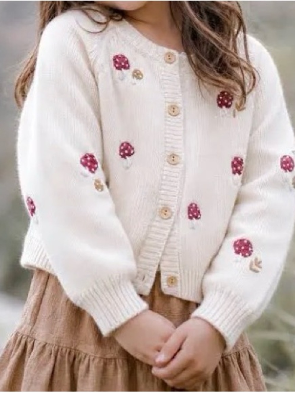 I+U Girls Cream Mushroom Embroidered Cardigan